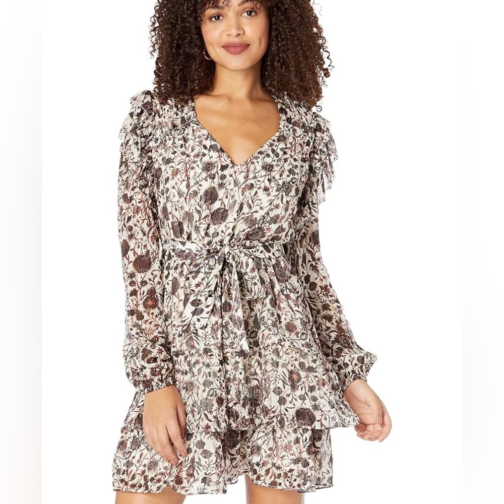 Marie Oliver Long Sleeve Lawson Dress Ruffle Tiered Floral Print Viscose Silk M‎